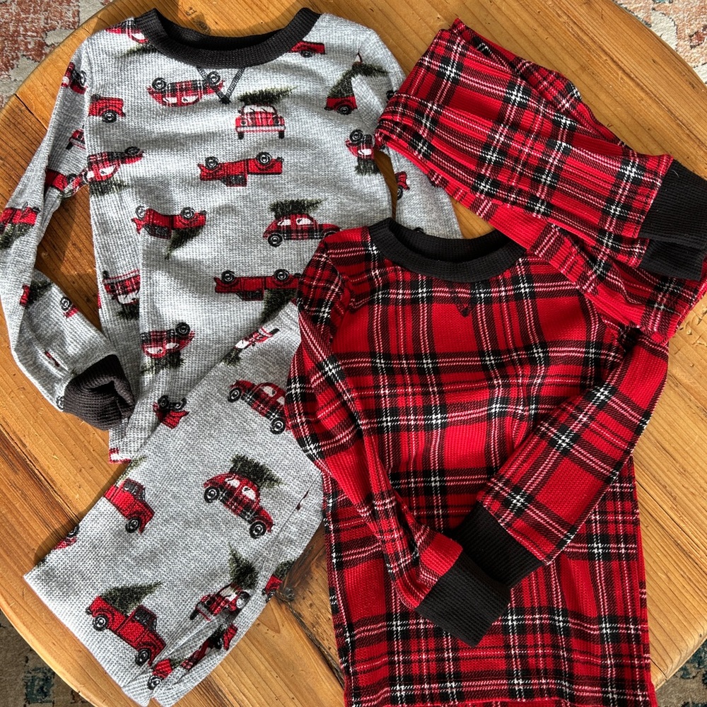 2! Plaid and Red Car Print Kids Holiday Pajama Sets